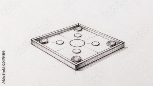 Black-and-white drawing plain light-colored paper square-shaped object rectangular base appears made wood meta