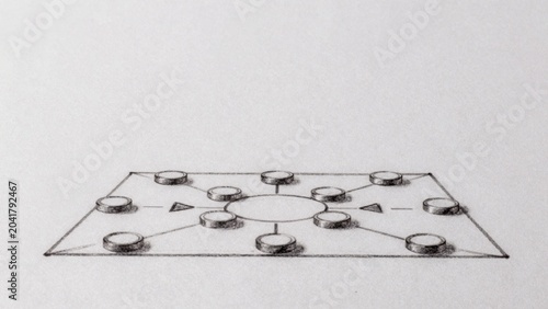 Black-and-white drawing plain light-colored paper which appears sketch piece loose sketchy style thin precise