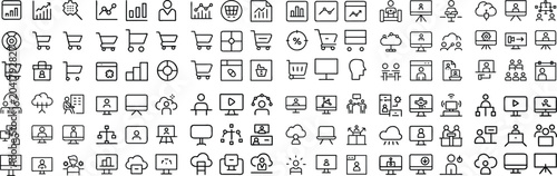 Foto A grid of numerous black and white line icons depicting various symbols for digital technology, business, and data analysis