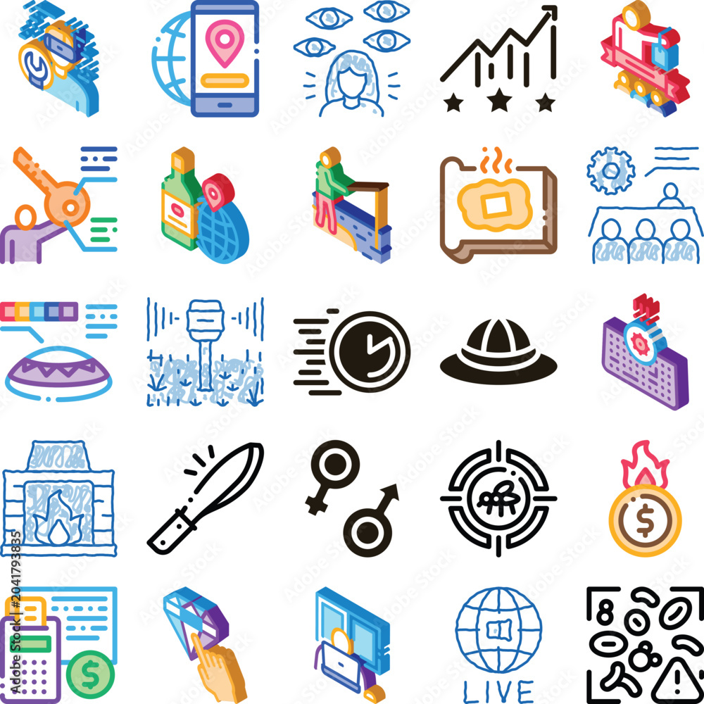 Fototapeta premium Set of diverse isometric icons illustrating a wide range of modern concepts, covering business, technology, finance, travel, nature, health, and social themes in a crisp visual style