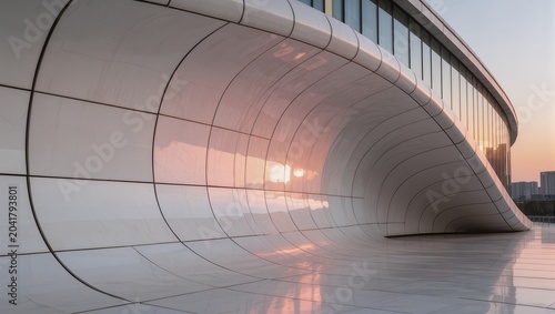 Contemporary Curved Metal Architecture Reflecting Golden Warm Sunset Light