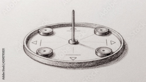 Black-and-white drawing close-up round circular device metallic surface appears joystick control panel depicte