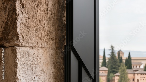 Abstract Contrast of a Textured Grunge Stone Wall and a Sleek Modern Window Frame