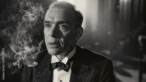 Classic Cinematic Black and White Portrait of a Mature Man in a Tuxedo