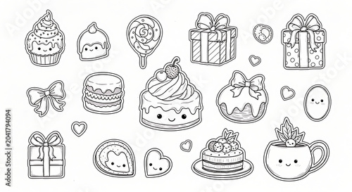 Cute desserts and gifts with hearts and bows isolated on a transparent background