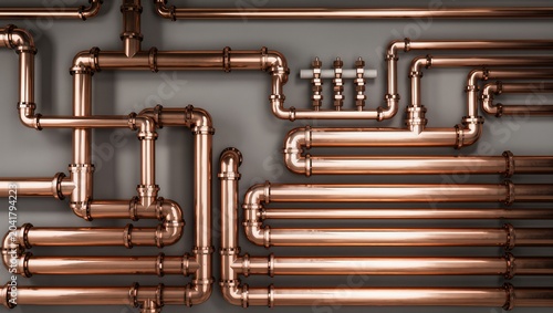 Industrial Pattern of Symmetrical Copper Pipes and Tubes on a Wall