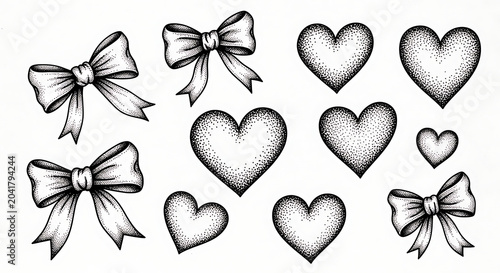Hand Drawn Bows and Hearts isolated on a transparent background