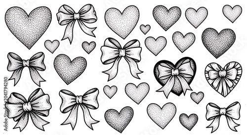 Hand Drawn Hearts and Ribbons isolated on a transparent background