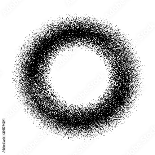 Circular dust cloud effect, granular particle vortex, speckled formation, spray paint ring, digital halftone texture, scattered ink burst.