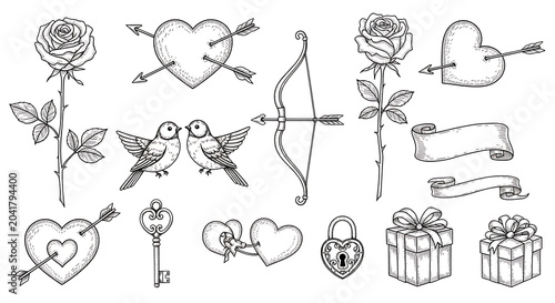Ink of hearts arrows roses birds bows keys gifts isolated on a transparent background