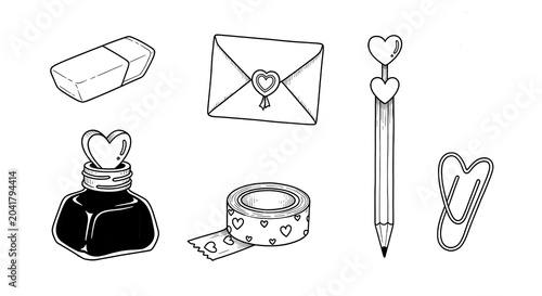 Kawaii ink bottle pencil eraser envelope tape isolated on a transparent background