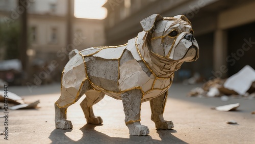 Artistic Polygonal Sculpture of a Bulldog Made Out of Recycled Cardboard