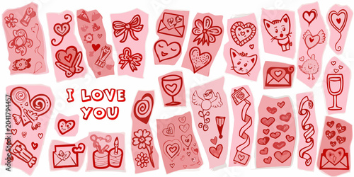 Tableau sur toile romantic stickers with hearts and animals on pink background love valentine cats
