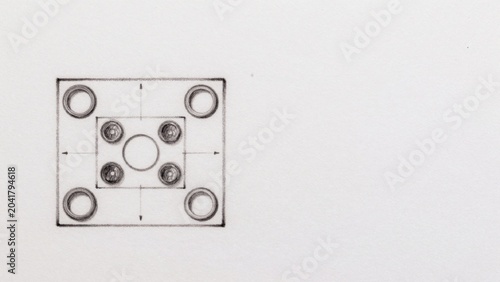 Black-and-white drawing plain white surface which appears sketch piece paper square-shaped grid-like structure