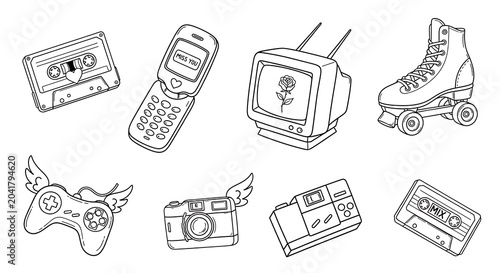 Retro and accessories in minimalist line isolated on a transparent background