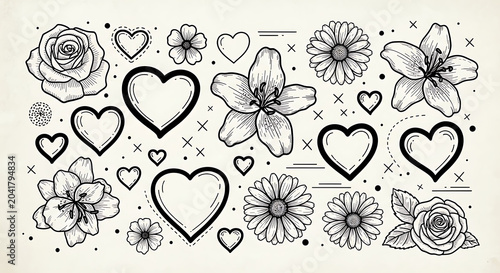 Romantic of hearts and flowers isolated on a transparent background