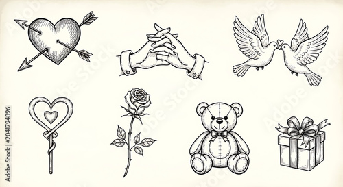 Storybook hand-drawn love symbols and isolated on a transparent background