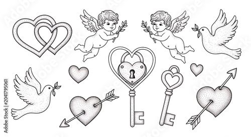 Whimsical pen of hearts keys and cherubs isolated on a transparent background