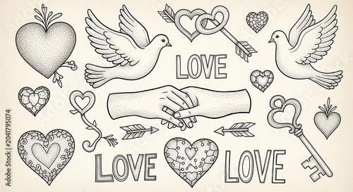 Whimsical love doodles with hearts and doves isolated on a transparent background