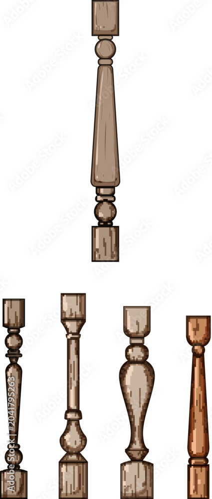 Naklejka premium Various wooden balusters presenting different turning styles, illustrating options for home interior design and construction projects with decorative railing components