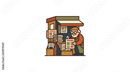 Photos Elderly man selling newspapers at a newsstand.