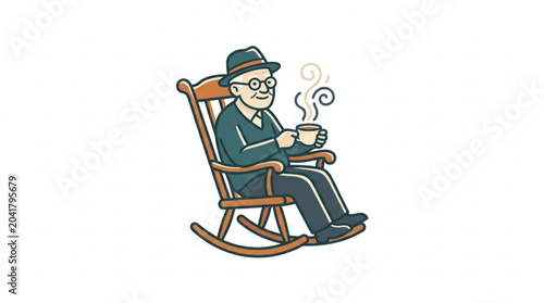 Photos Elderly Man Sitting in Rocking Chair Enjoying Hot Beverage.