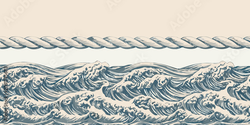 Bild auf Leinwand ocean waves with rope border retro illustration vintage nautical seascape marine