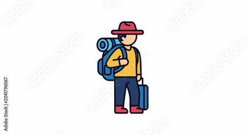 A cartoon figure wears a hat, carrying a backpack and rolling a suitcase