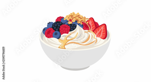 A bowl of creamy yogurt topped with fresh berries, crunchy granola, and a drizzle of golden honey