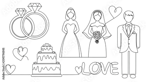 Fotografía A wedding scene with bride, groom, cake, rings, and hearts