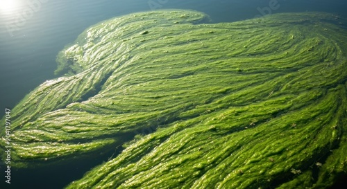 Swirling, vibrant green algae blooms atop a body of water, capturing sunlight
