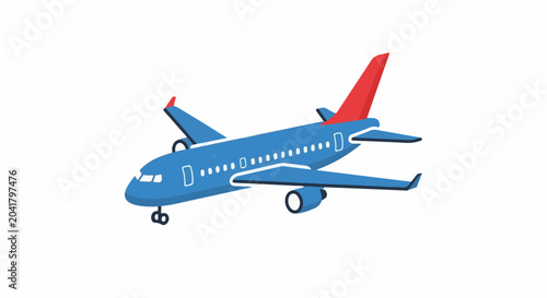 A blue passenger jet with red tail and wingtips on a white background