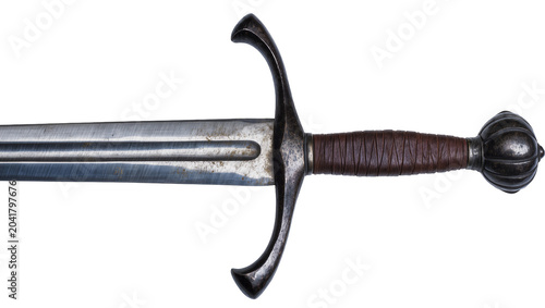 Photos Medieval sword with metal pommel and leather-wrapped grip