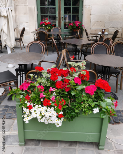 Flower box decorating outdoor cafe terrace in old town street. Colorful red white and pink flowers in green planter at outdoor restaurant