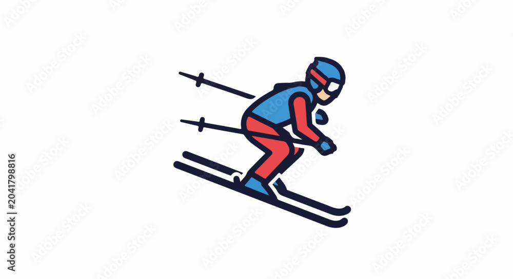 Obraz premium A cartoon skier in blue and red gear races down a slope with poles