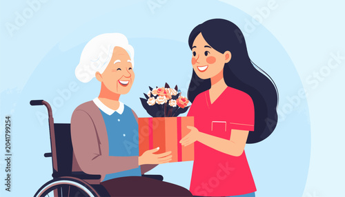 A young woman gives a gift of flowers to an elderly woman in a wheelchair