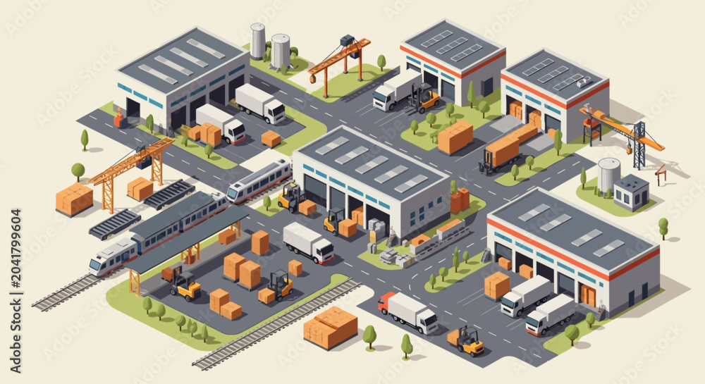 Obraz premium Isometric Logistics Hub with Warehouses and Distribution Trucks.