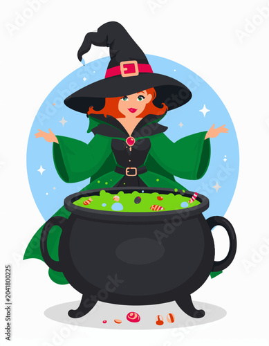 A witch in a green cloak and black hat conjures over a bubbling cauldron of candy