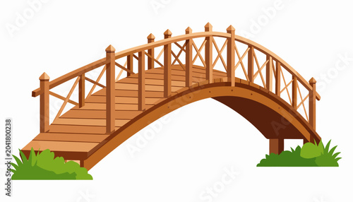 A wooden garden arch bridge spans across, with grassy tufts at each side