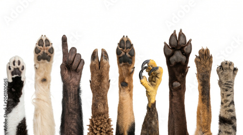 Photos Set of various animal paws and a primate hand in a row pointing up on a white background including domestic pets wildlife bird talon and hoof