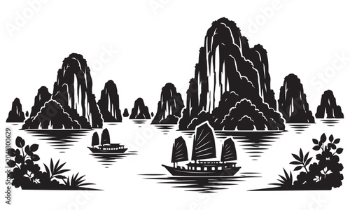 Billede på lærred Ha Long Bay silhouette, scenic coastal landscape, vector isolated on white