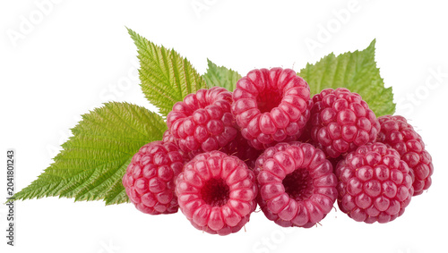 Photos Ripe red raspberries with green leaves