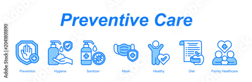 Fotografie Preventive Care web banner icon concept for with icon of Prevention, Hygiene, Sanitizer, Mask, Healthy, Diet, Family Healthcare
