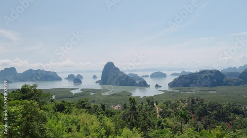sea and mountains landscape with blue sky in Phang Nga