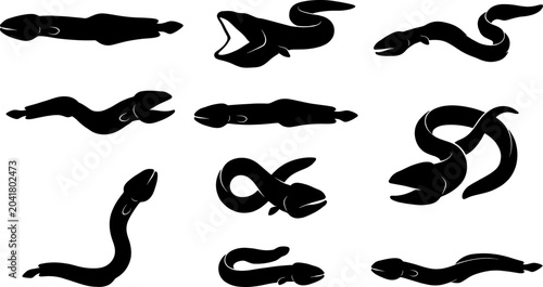 Curving moray eel silhouette collection displaying various sinuous poses for marine and aquarium design