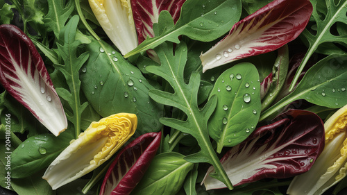 Overhead view of mixed salad greens with water droplets