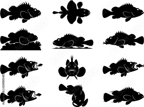Predatory scorpionfish silhouette bundle including scenes of fish hunting and consuming prey