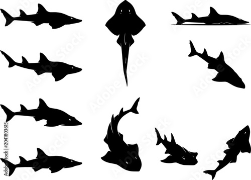 Shark and guitarfish silhouette pack featuring various cartilaginous fish in swimming profiles