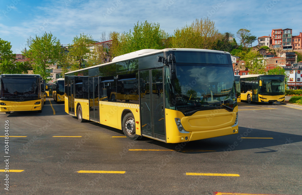 Obraz premium Yellow Public Transport Buses Parked in a Terminal in Istanbul, Turkey, with City Architecture and Mosque Minarets in the Background under a Clear Blue Sky.