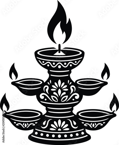 Photography A traditional artistic black and white sketch of a glowing adorning diya lamp used during hindu festivals